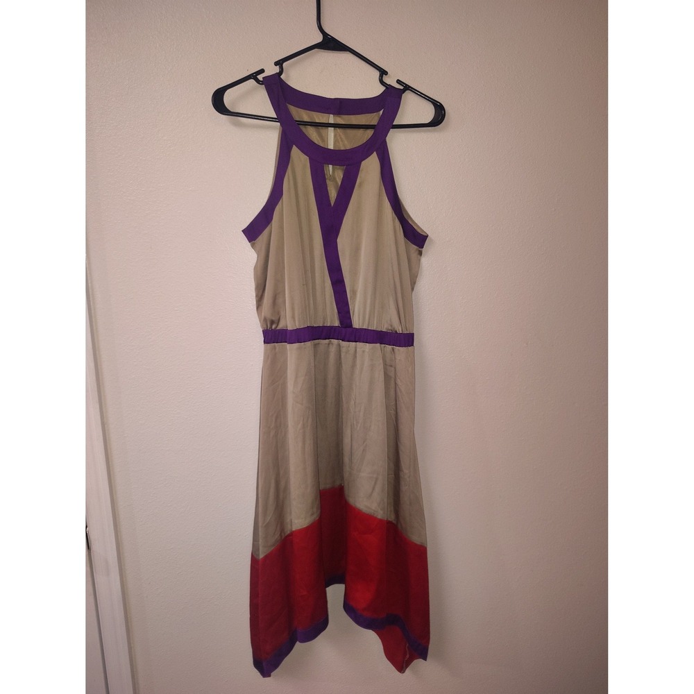 Outback Red Colorblock Handkerchief Hem Halter Midi Dress Tan Purple Red Size M